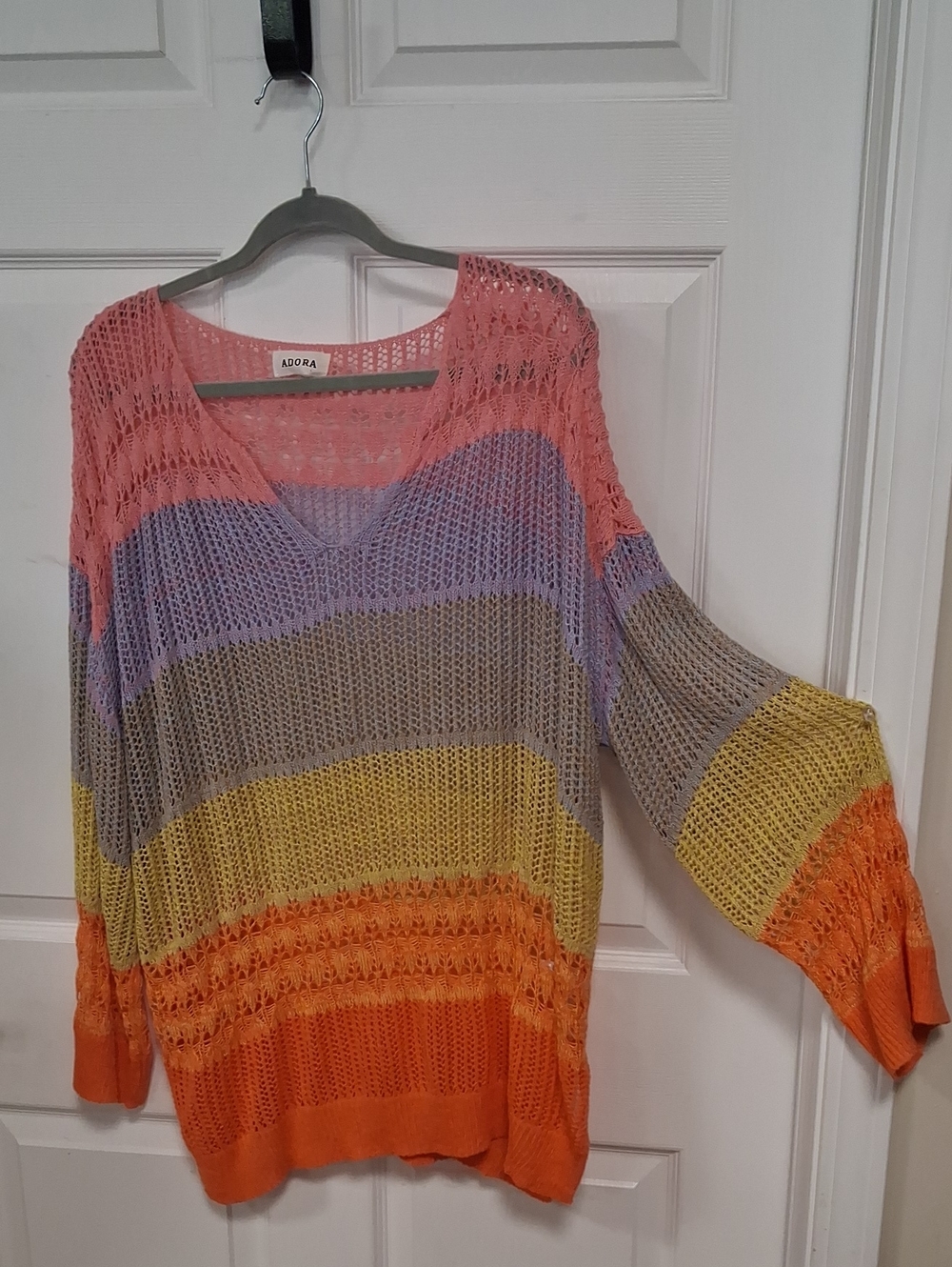 ADORA Striped Open Knit V-Neck Sweater